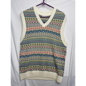 Zara Unisex Aztec Multicolor Print Cream V Neck 100% Cotton Sweater Vest Sz M